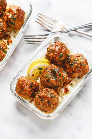 Meal Prep Garlic Butter Chicken Meatballs with Cauliflower Rice