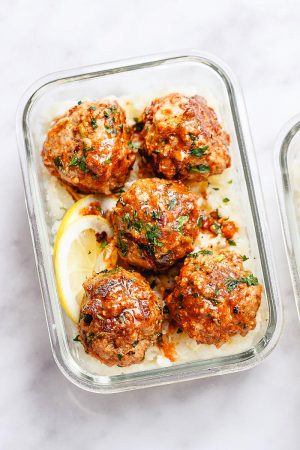 Meal Prep Garlic Butter Chicken Meatballs with Cauliflower Rice