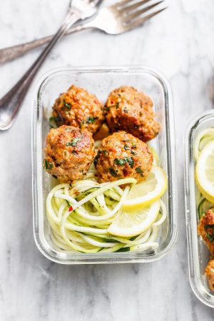 Meal Prep Garlic Butter Chicken Meatballs with Zucchini Noodles