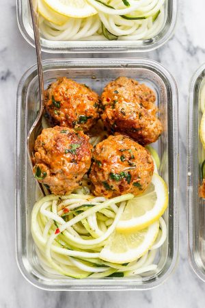 Meal Prep Garlic Butter Chicken Meatballs with Zucchini Noodles