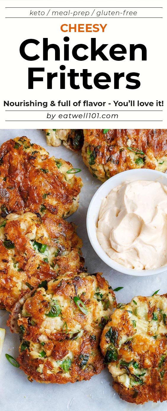 Cheesy Chicken Fritters - #chicken #keto #recipe #eatwell101 - Tender, juicy and so flavorful. If you love easy chicken recipes, these chicken fritters are a perfect Keto meal.