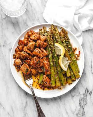 Garlic Butter Chicken Bites with Lemon Asparagus