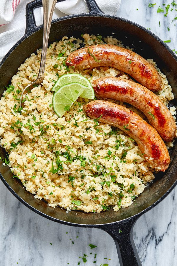 Italian Sausage with Cilantro Lime Cauliflower Rice - #recipe by #eatwell101 - https://003.wrwe1r1zs3czx3c.workers.dev/sausage-cilantro-lime-cauliflower-rice-skillet-recipe