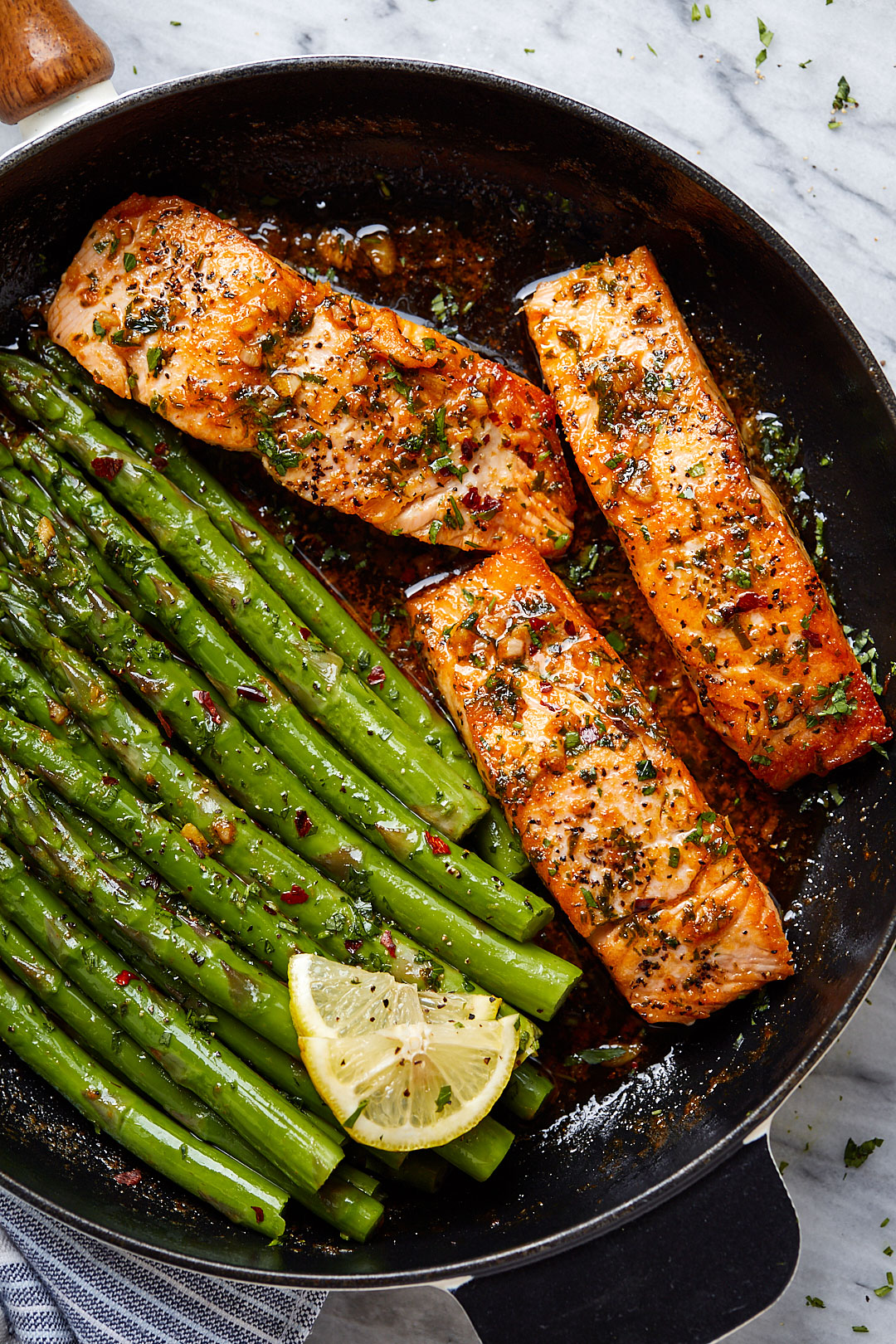 Garlic Butter Salmon with Lemon Asparagus Skillet recipe