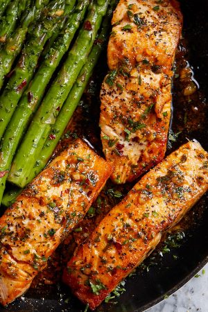 Garlic Butter Salmon with Lemon Asparagus