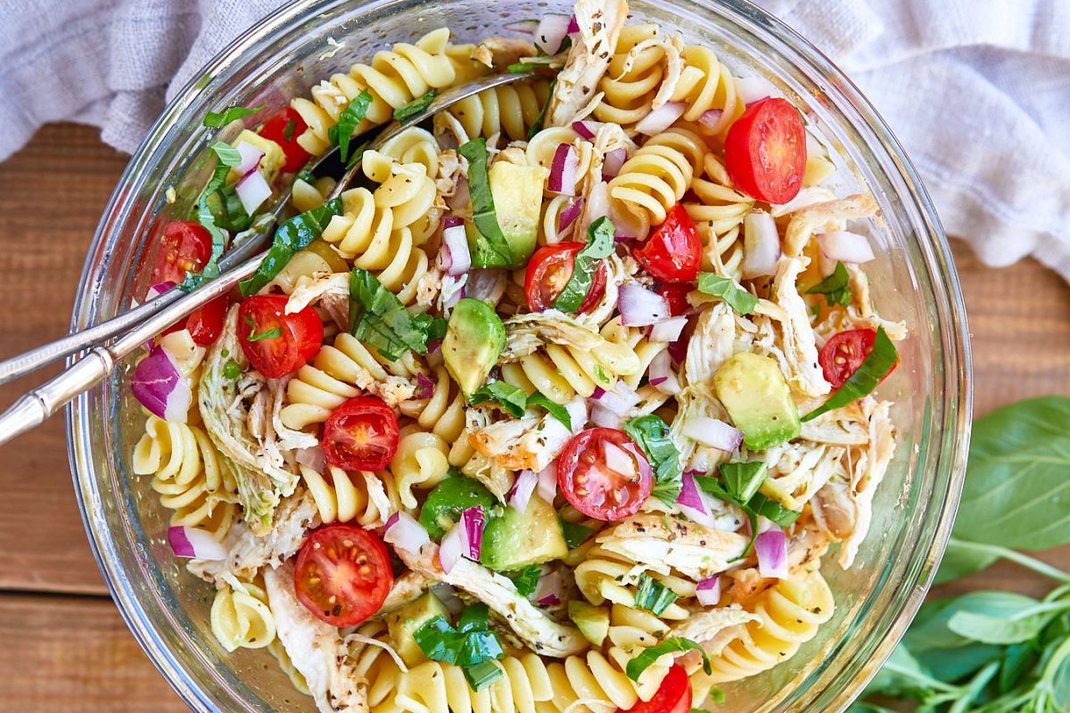 Healthy Chicken Pasta Salad with Avocado, Tomato, and Basil ﻿