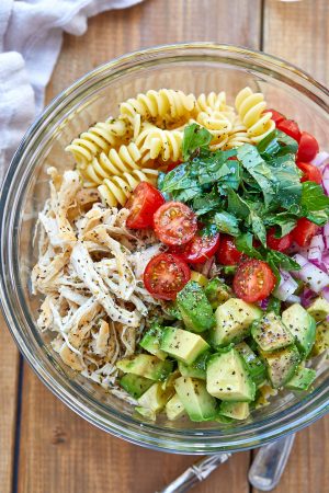 Healthy Chicken Pasta Salad with Avocado, Tomato, and Basil ﻿