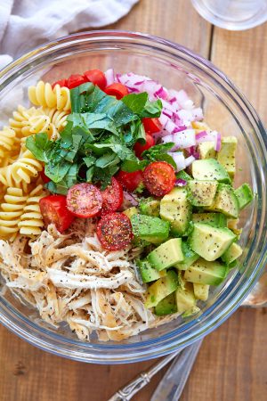 Healthy Chicken Pasta Salad with Avocado, Tomato, and Basil ﻿