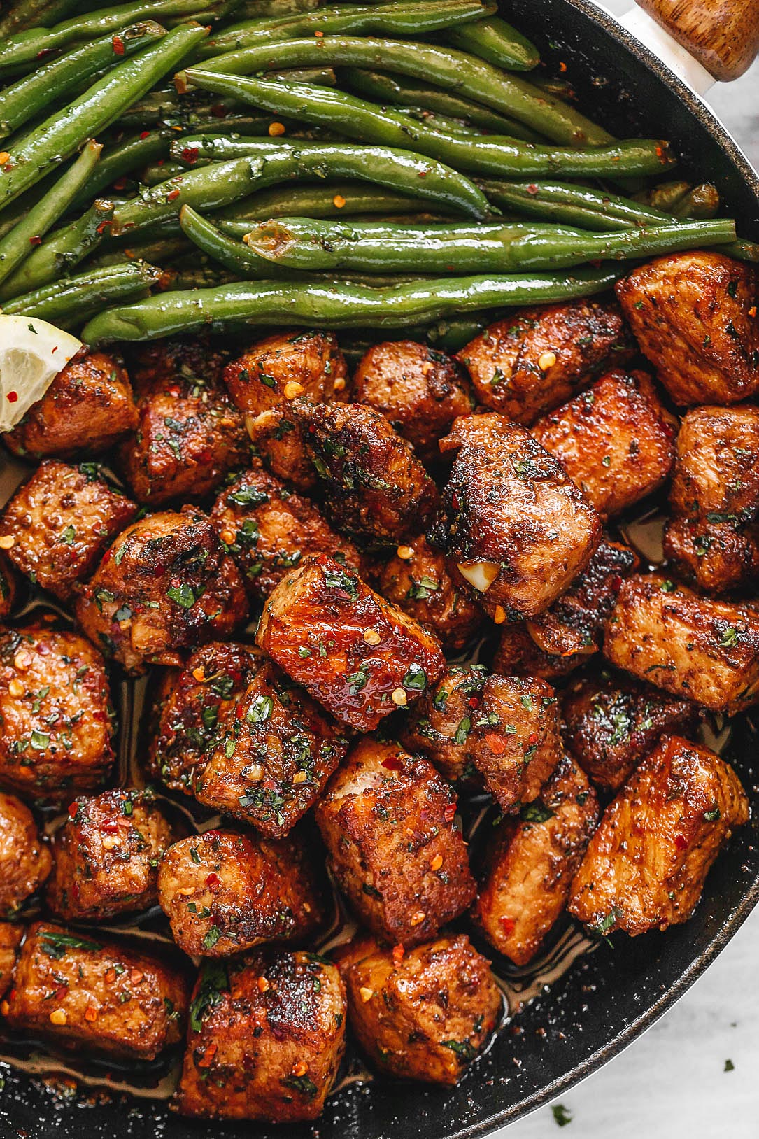 Garlic Butter Pork Bites with Lemon Green Beans recipe
