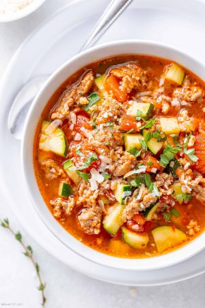 Healthy Zucchini Tomato Italian Sausage Soup