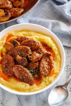Cajun Sausage Mushrooms with Spaghetti Squash Mash