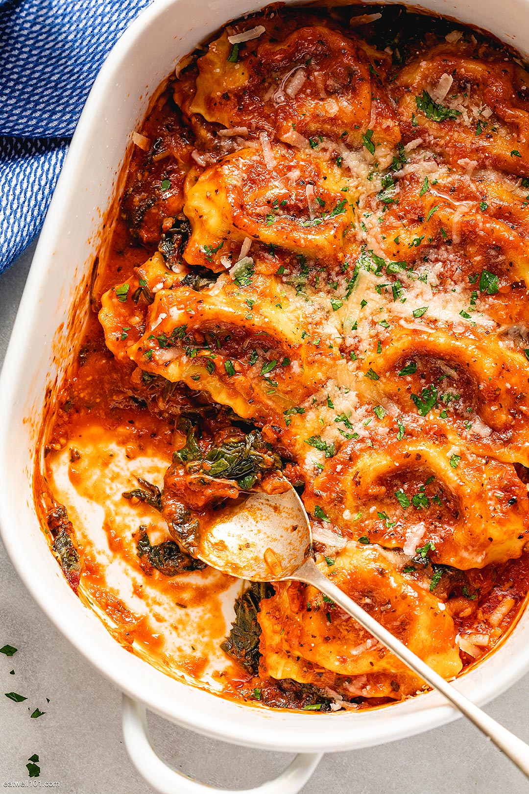 Easy Tomato Spinach Ravioli Bake recipe