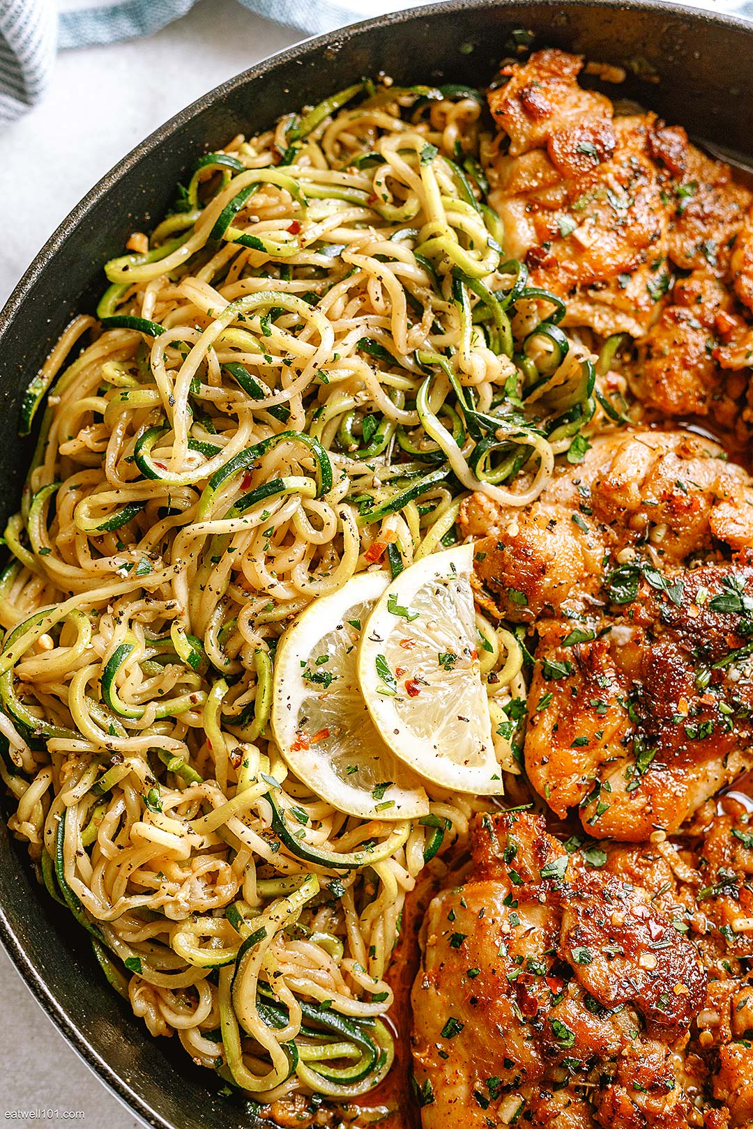 Lemon Garlic Butter Chicken and Zucchini Noodles Skillet