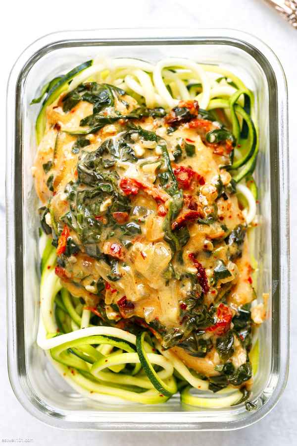 Creamy Spinach Chicken Meal Prep with Zucchini Noodles - #recipe by #eatwell101 - https://003.wrwe1r1zs3czx3c.workers.dev/tuscan-chicken-meal-prep-recipe