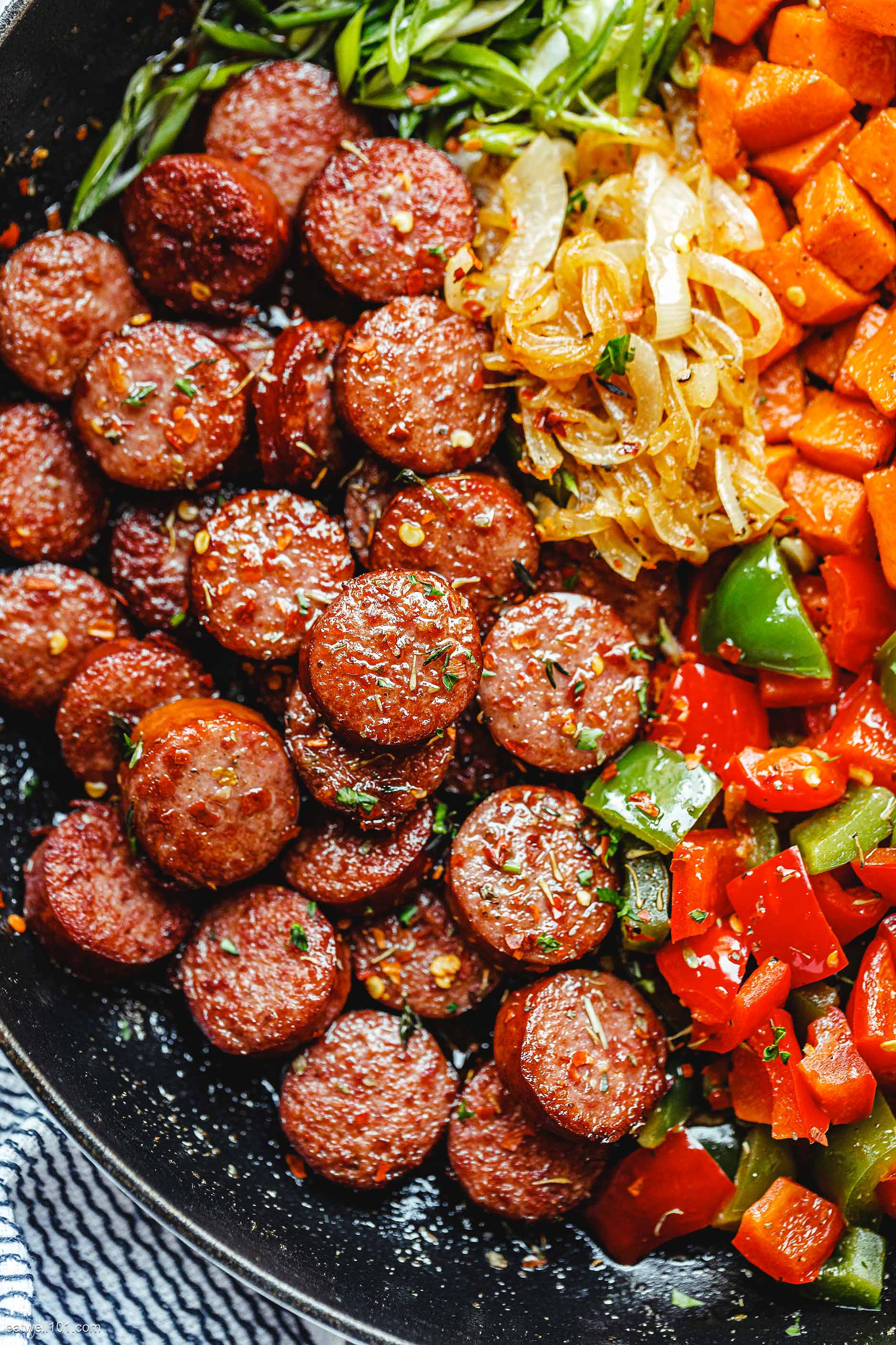Smoked Sausage with Sweet Potato and Fried Onion recipe