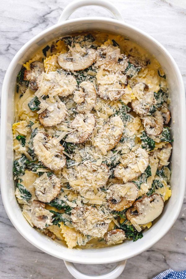 Cheesy Mushroom Ravioli Casserole with Spinach