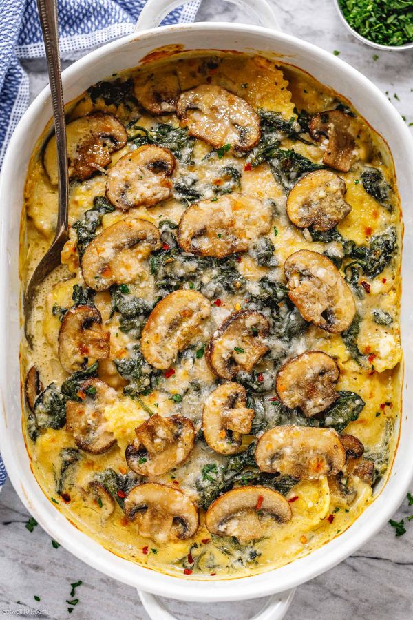 Cheesy Mushroom Ravioli Casserole with Spinach