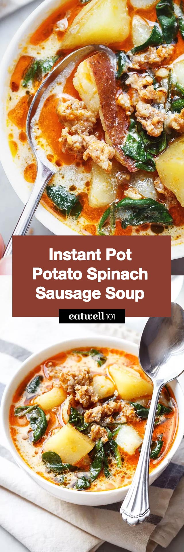 Instant Pot Potato Spinach Sausage Soup - Hearty and comforting, this Instant Pot potato soup is absolutely bursting with flavor. 