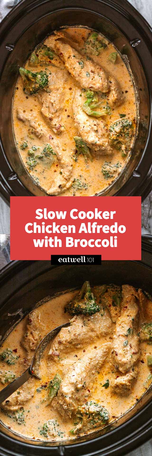 Slow Cooker Garlic Chicken Alfredo with Broccoli - #slowcooker #crockpot #chicken #recipe #eatwell101 -  Absolutely loaded with flavor! This amazing crockpot chicken alfredo dinner is low carb and keto-friendly. 