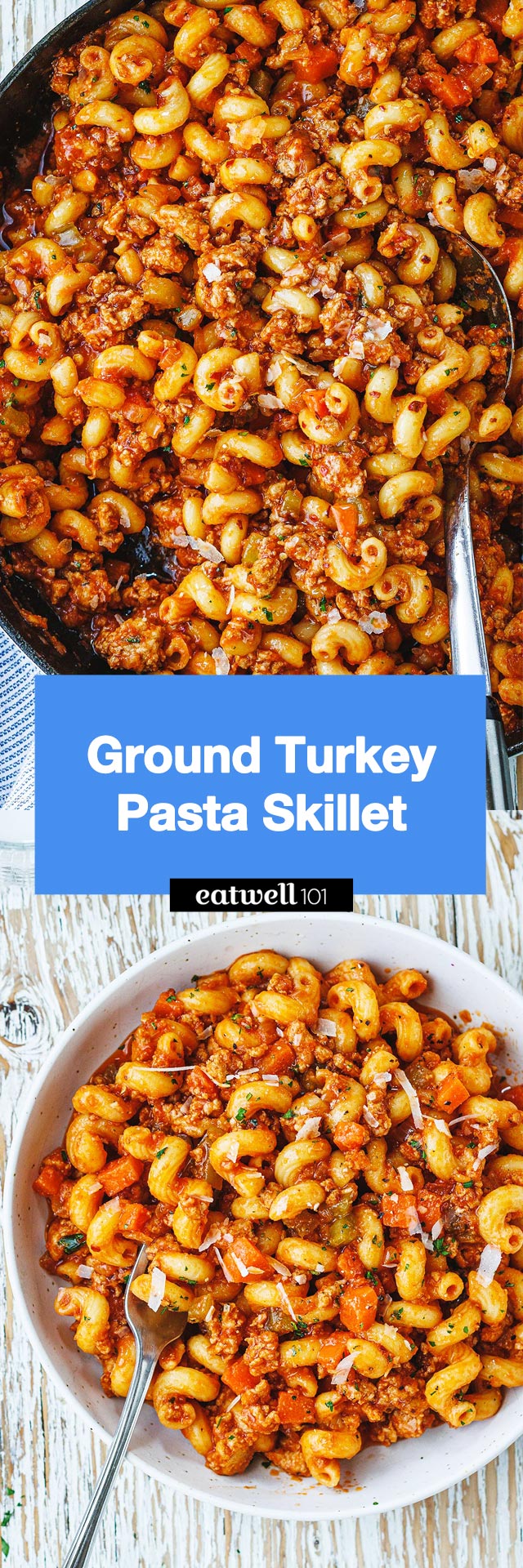 Ground Turkey Pasta Skillet - #turkey #pasta #recipe #eatwell101 - Try this quick and easy ground turkey pasta skillet is ready in less than 30 minutes - perfect for busy weeknights! Packed with hearty flavors, this turkey pasta dinner is sure to be a hit!