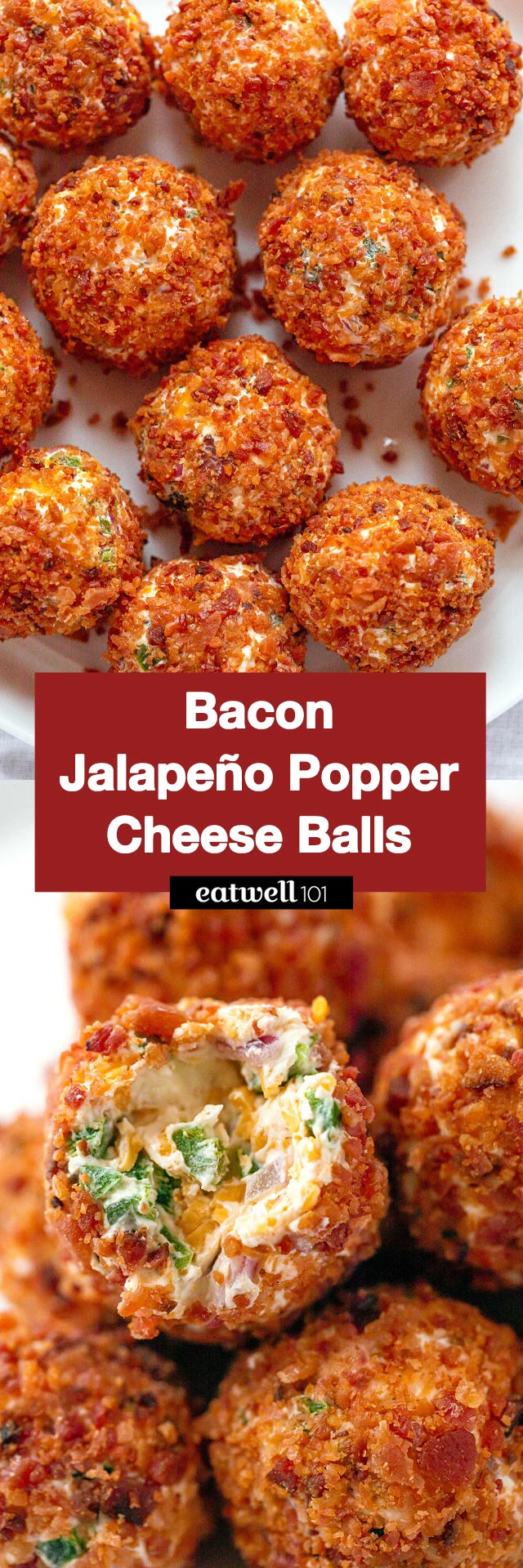 Bacon Jalapeño Popper Cheese Balls - #cheeseball #appetizer #eatwell101 #recipe - These super festive bacon jalapeño popper cheese balls make for a real crowd-pleasing appetizer!