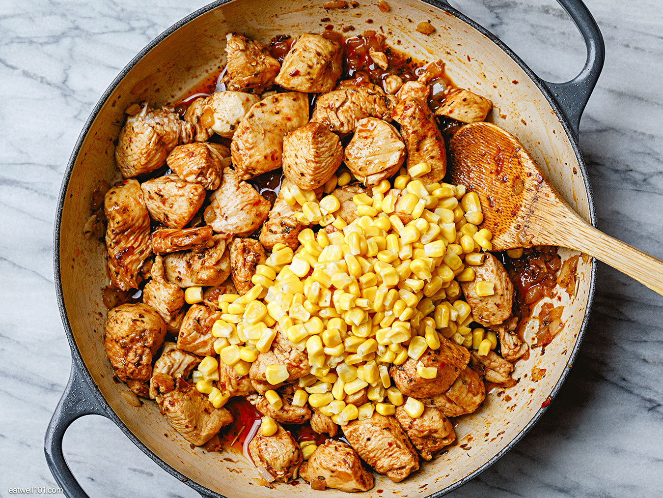 add corn to the seared chicken
